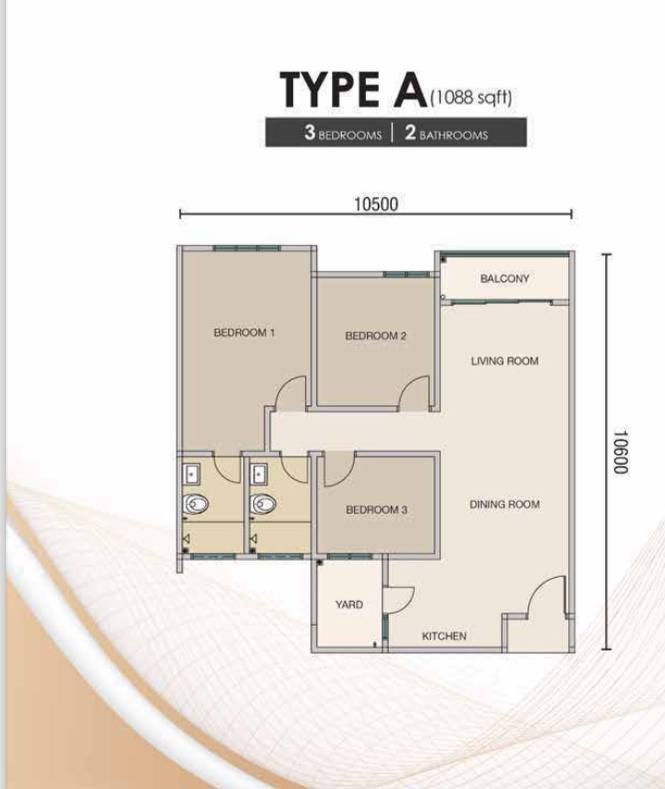 Ambience Residence Type A floor plan, 1,088 square feet