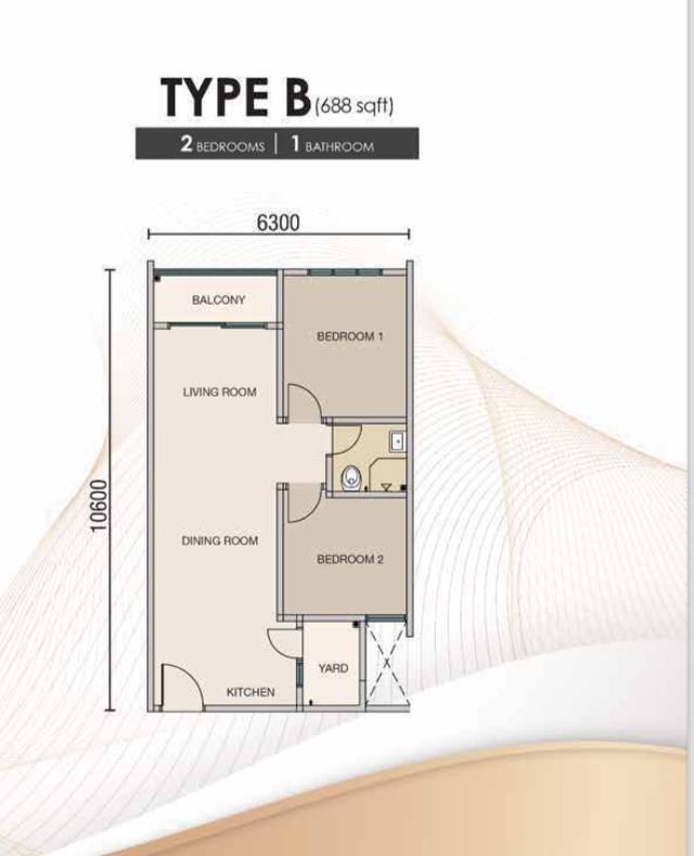 Ambience Residence Type B floor plan, 688 square feet