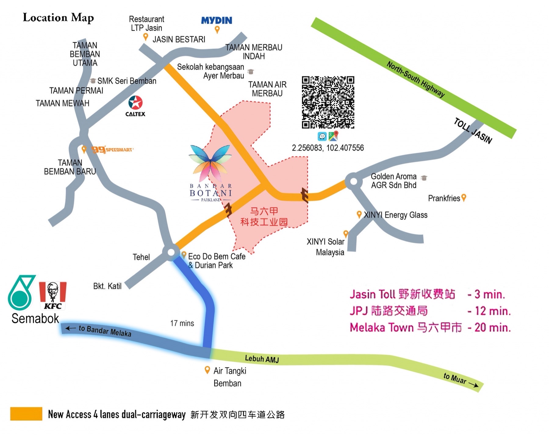 Location map for Bandar Botani Jasin showing nearby amenities and drive times