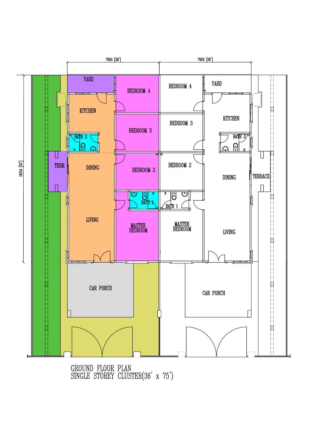 Ground floor plan for the single storey cluster house at Bandar Botani Jasin