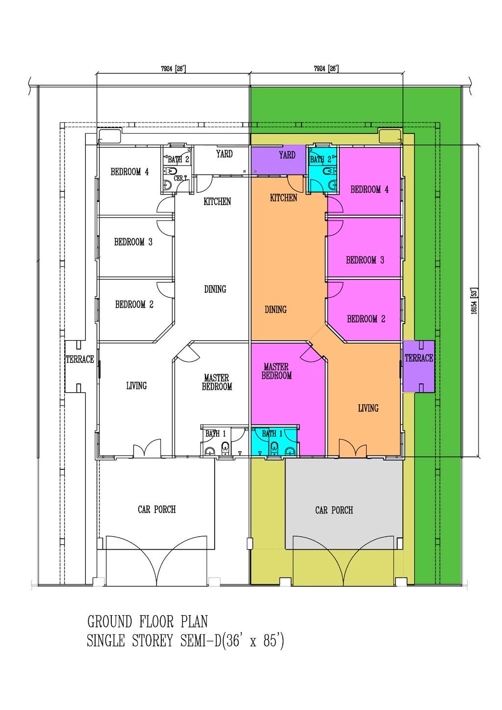 Ground floor plan for the single storey semi-detached house at Bandar Botani Jasin