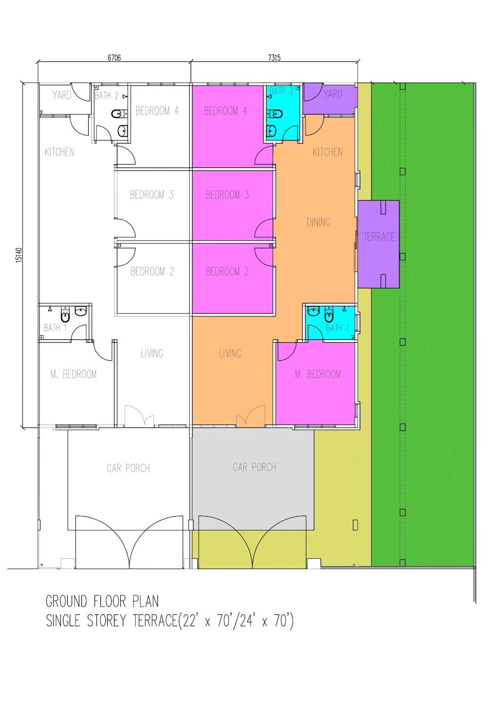 Ground floor plan for the single storey terrace at Bandar Botani Jasin