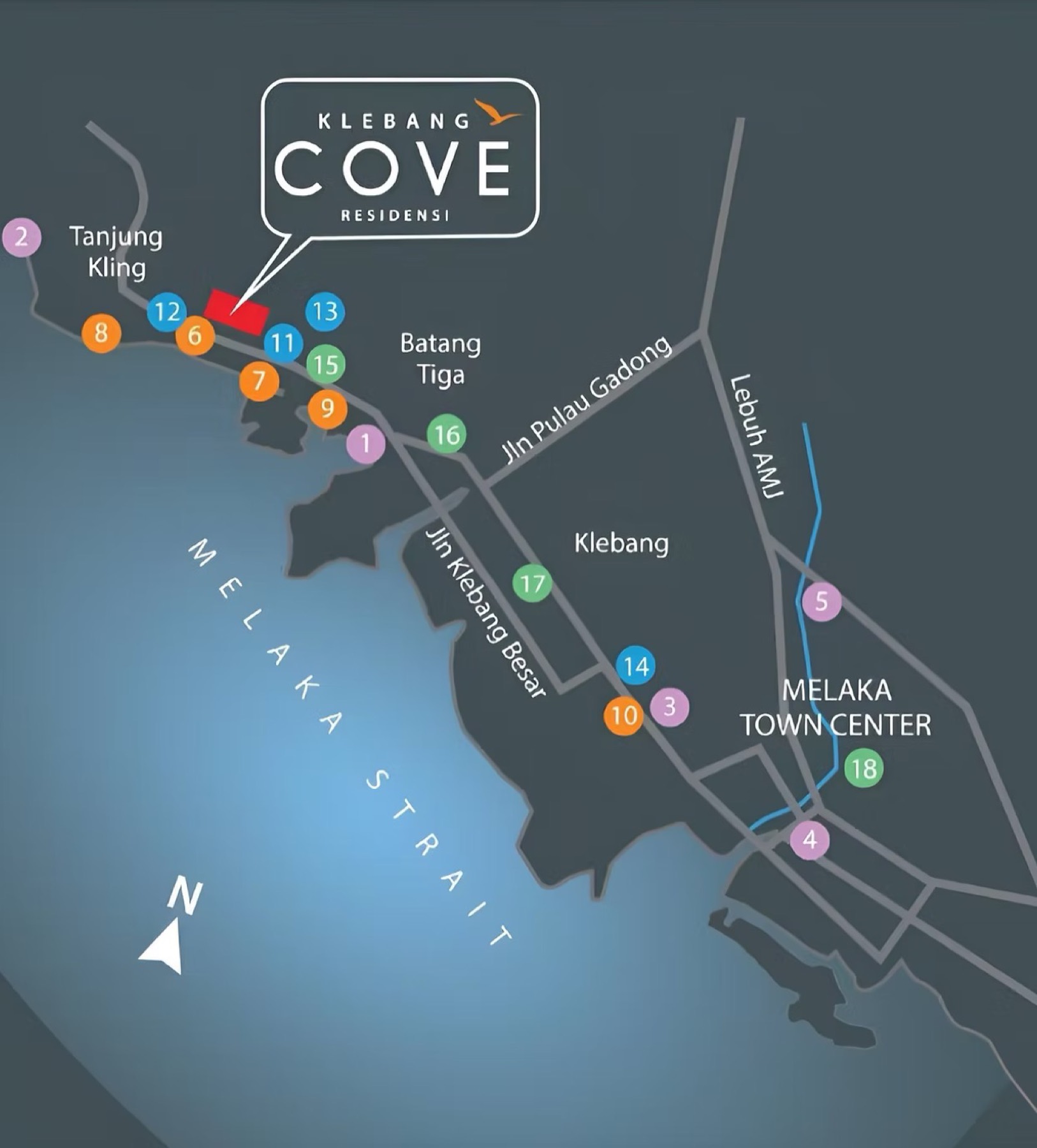 Location map showing Klebang Cove Residensi on the Melaka coast