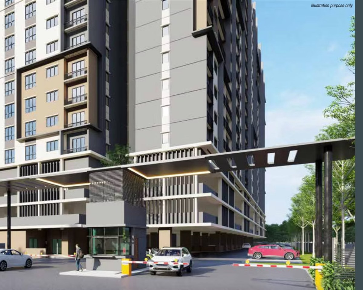 Artist's impression of the Klebang Cove Residensi tower and guarded entrance