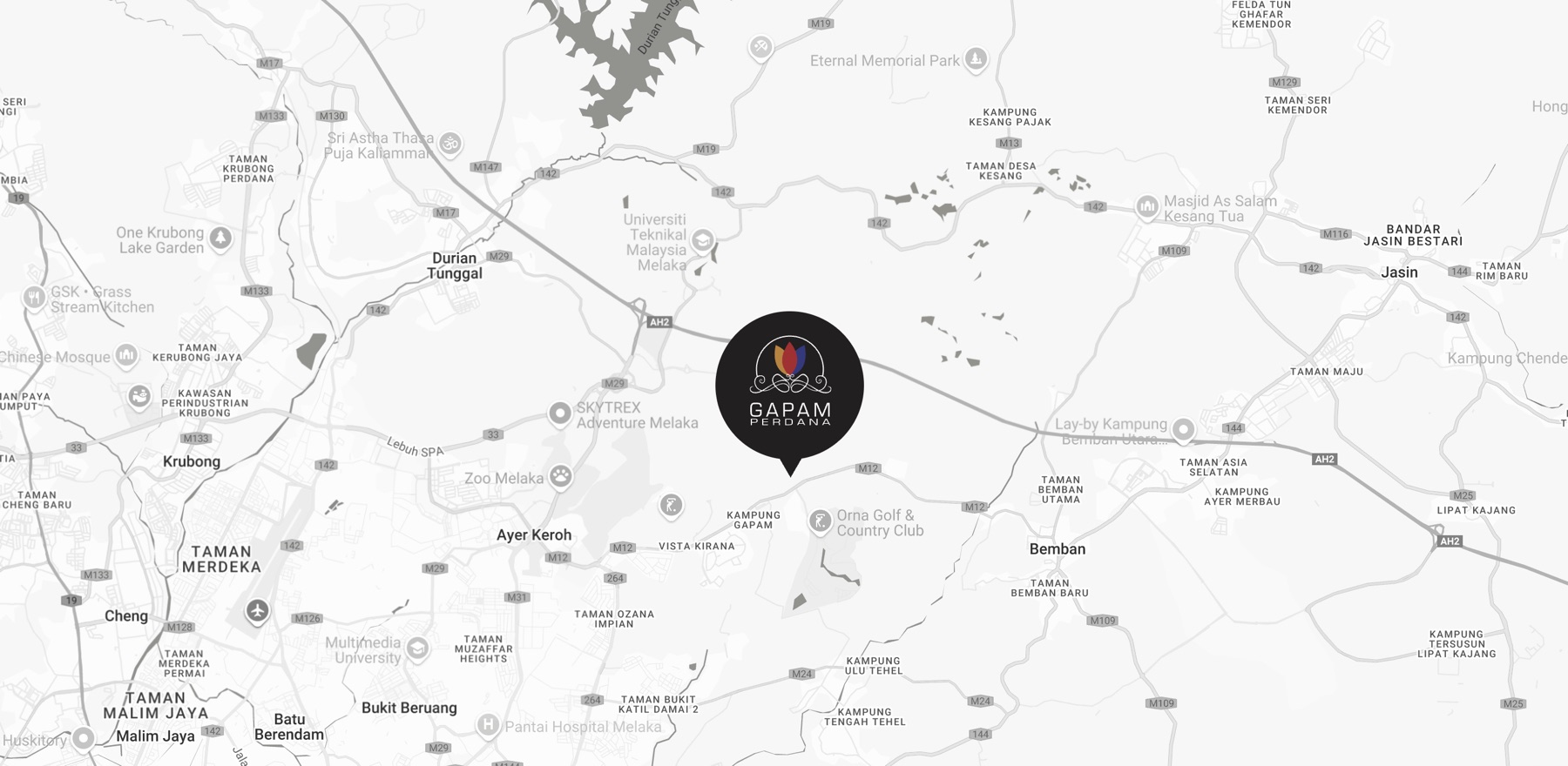 Location map showing Taman Gapam Perdana between Ayer Keroh and Bemban, Melaka